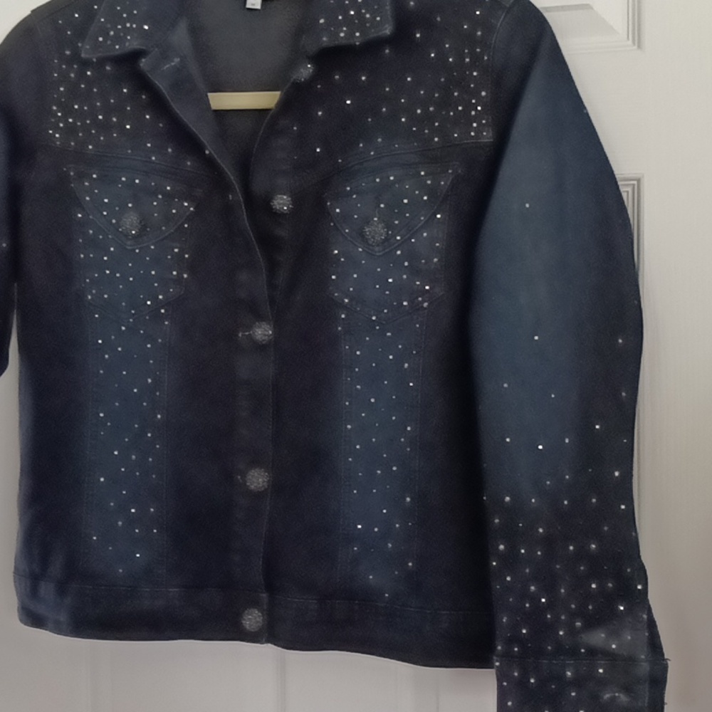 Diane Gilman rhinestone and distressed jean jacket. Size med bust about 40".